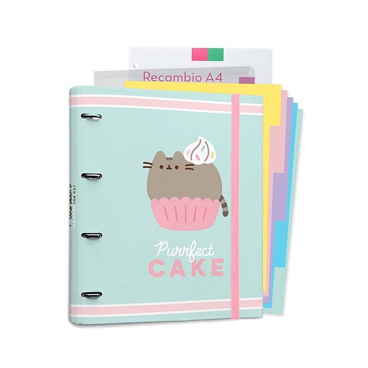 Папка A4 Pusheen Foodie, 4 ринга с гумена лента, 100 цветни листа А4, 33,5x31x34 см
