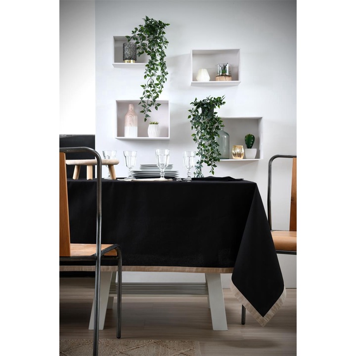 Fata De Masa, Stof, DUO, 140 x 240 cm, Bumbac De Inalta Calitate, Design In Doua Tonuri, Captuseala Contrastanta, Dreptunghi, 100 % Bumbac, Negru/Bej deschis