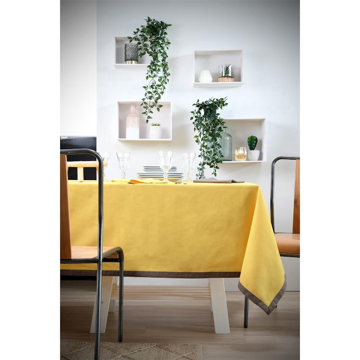 Fata De Masa, Stof, DUO, 140 x 240 cm, Bumbac De Inalta Calitate, Design In Doua Tonuri, Captuseala Contrastanta, Dreptunghi, 100 % Bumbac, Galben/Gri deschis