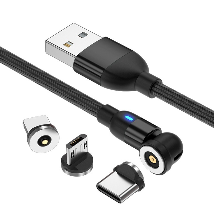3 az 1-ben mágneses töltőkábel, 540°-ban elforgatható, fekete, 2,4A, kompatibilis: iPhone/Micro USB/C típusú
