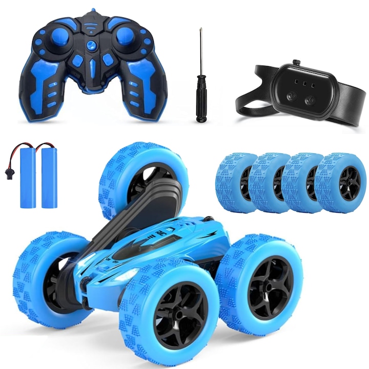 Masina Electrica Teleghidata pentru Copii FitUniversal™️, Masinuta de Cascadorie, Rotire 360 grade, Super Rapida, Off-Road, Controller tip Ceas, Telecomanda, 2x Baterii, 4x Roti de Rezerva si Kit de Reparatii incluse