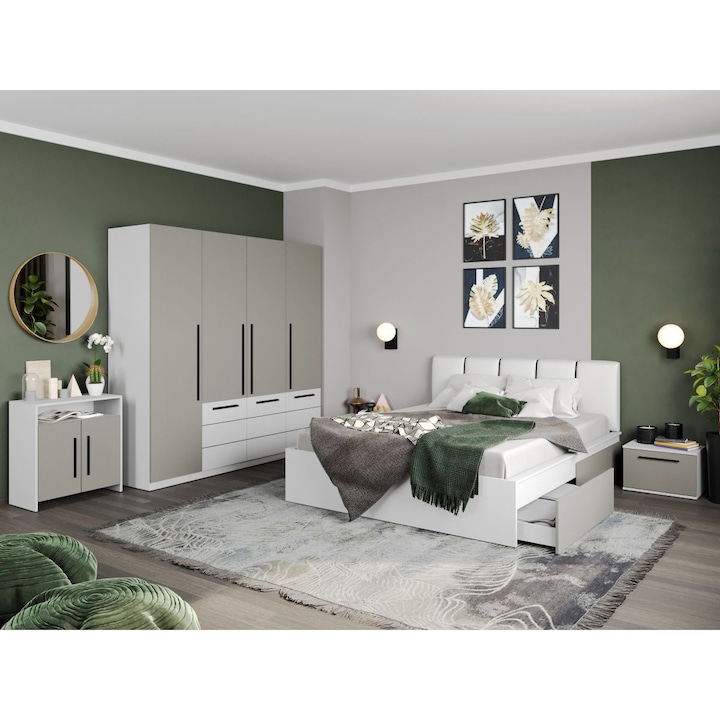 Set Mobila Dormitor, Casmir / Alb, Soares, C09, Pat tapitat 160 x 200, Noptiere, Comoda cu Usi si Dulap 2m