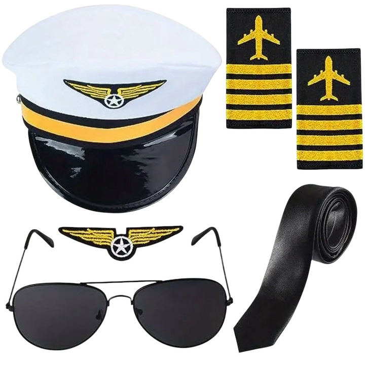 Set 5 accesorii costum pilot adulti, palarie, ochelari, cravata, epoleti, insigna, marime universala, multicolor