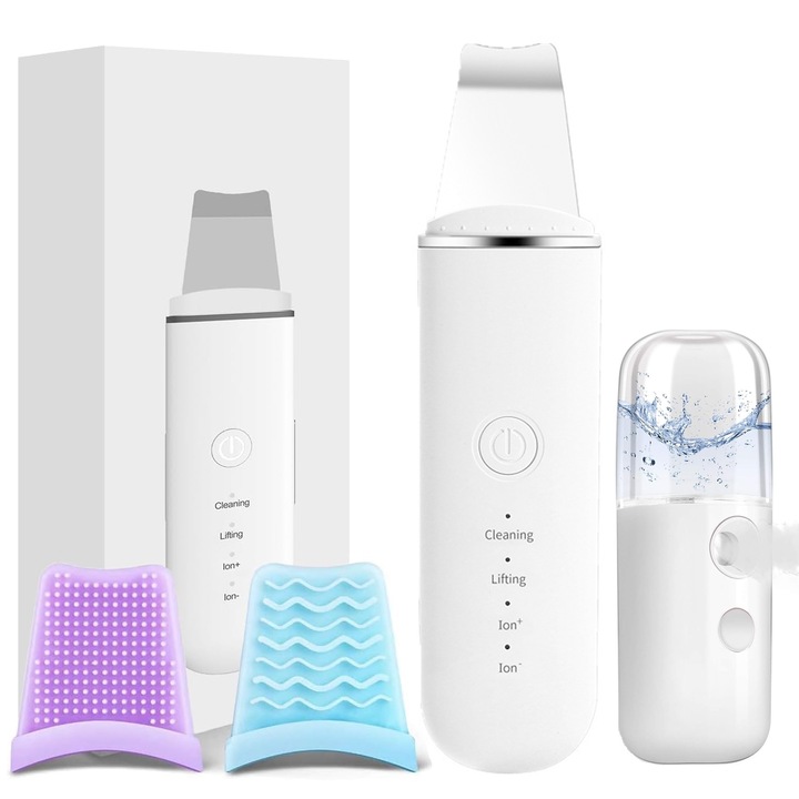 Aparat de curatare faciala cu ultrasunete, Lifting ten, Skin scrubber, Spatula indepartare puncte negre, Axroad Mall, 4 Functii, Mini umidifcator facial si 2 capete silicon, Hidratare, Peeling, Curata porii infundati, Reduce ridurile, Incarcare USB, Alb