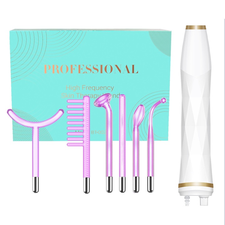 Aparat Electroderm pentru tratament cosmetic, Aparat de Infrumusetare 6IN1, Axroad Mall, Tehnologie cu argon de inalta frecventa si 6, Tratament cu frecventa inalta pentru acnee, Riduri, Ten, Par seboreic, Stimulator scalp, Controlul petelor, Lifting