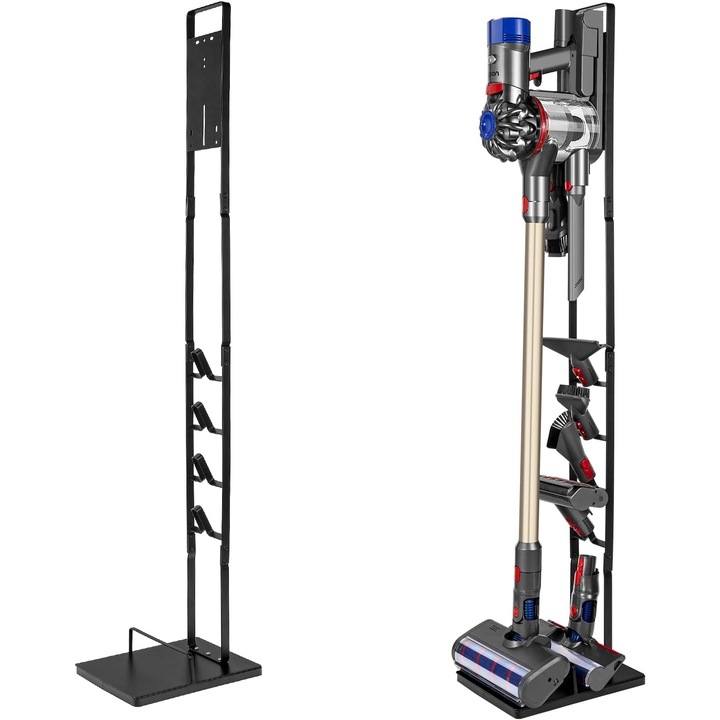 TNS Prémium állvány Dyson porszívóhoz, V15 V11 V12 V10 V8 V7 V6 5GEN, Falfúrás nélkül rögzíthető, acél anyag, gyors telepítés, stabil felépítés garantált, helytakarékos, 127x22x30 cm, fekete