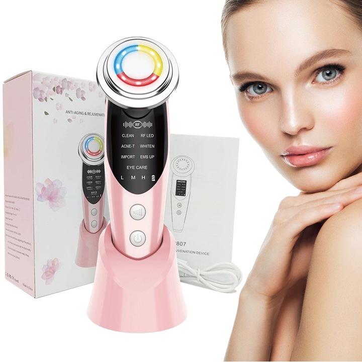 Dispozitiv Facial 7 in 1 pentru Hidratare, Aparat profesional pentru tratament facial si intinerirea pielii, Axroad Mall, Eliminarea Ridurilor si Regenerarea Pieli, Mezoterapie, Functie Thermo si Vibratie, Masaj facial, Rosu