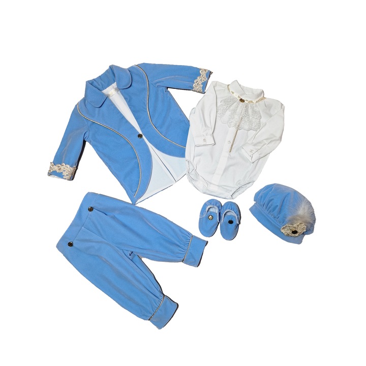Costum botez baiat, Micul Print,5 piese, catifea, blue,9-12 luni,80 CM