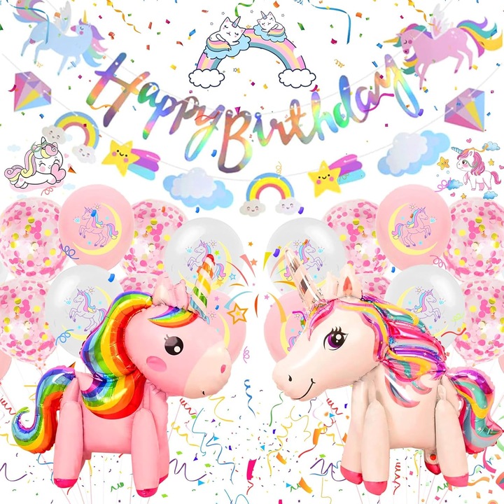 Set baloane aniversare, petrecere copii, Unicorni, 33 piese