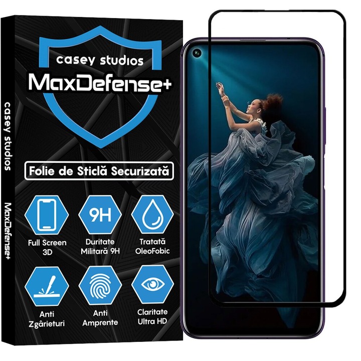 Стъклено фолио CASEY STUDIOS™, съвместимо с Huawei Honor 20 / Honor 20 Pro / Mate 30 Lite / Nova 5T, пълно покритие 3D, пълно лепило, военна твърдост, Ultra HD, против надраскване, против пръстови отпечатъци, черни ръбове