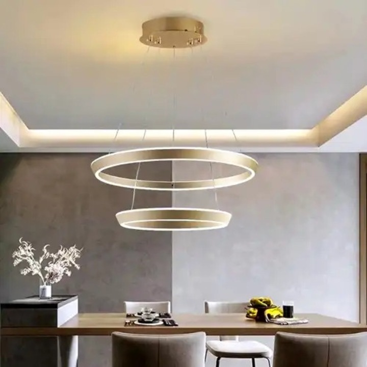 Lustra LED, telecomanda inclusa, aurie, rotunda, 240W, trei tipuri de lumina, calda, neutra si rece, intensitate reglabila, dimensiuni (L, l, h) 60x60x90cm, clasa protectie IP21, montaj tavan