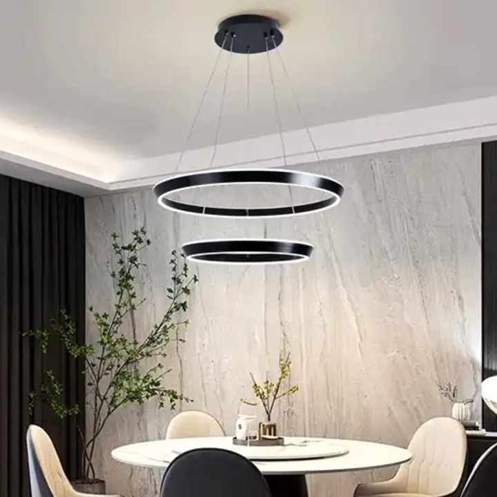 Lustra LED, telecomanda inclusa, neagra, rotunda, 240W, trei tipuri de lumina, calda, neutra si rece, intensitate reglabila, dimensiuni (L, l, h) 60x60x90cm, clasa protectie IP21, montaj tavan