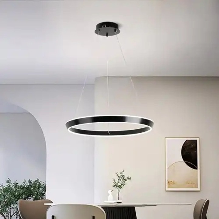 Lustra LED cu 3 tipuri de lumina si telecomanda, neagra, rotunda, 160W, intensitate reglabila, lumina rece/neutra/calda, 60x60x90cm, IP21, suspendata, montaj tavan, LED CONCEPT
