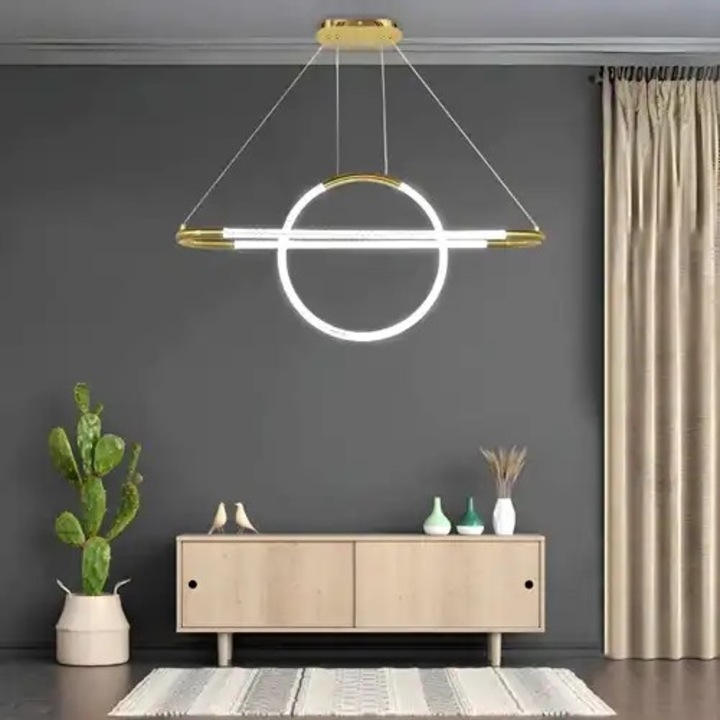 Lustra LED cu 3 tipuri de lumina si telecomanda, aurie, liniara, 50W, intensitate reglabila, lumina rece/neutra/calda, 80x15x120cm, IP21, suspendata, montaj tavan, LED CONCEPT