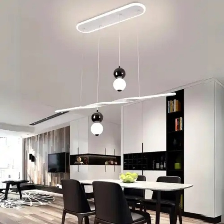 Lustra LED, telecomanda inclusa, alba, liniara, 74W, trei tipuri de lumina, calda, neutra si rece, intensitate reglabila, dimensiuni (L, l, h) 100x4x120cm, clasa protectie IP21, montaj tavan