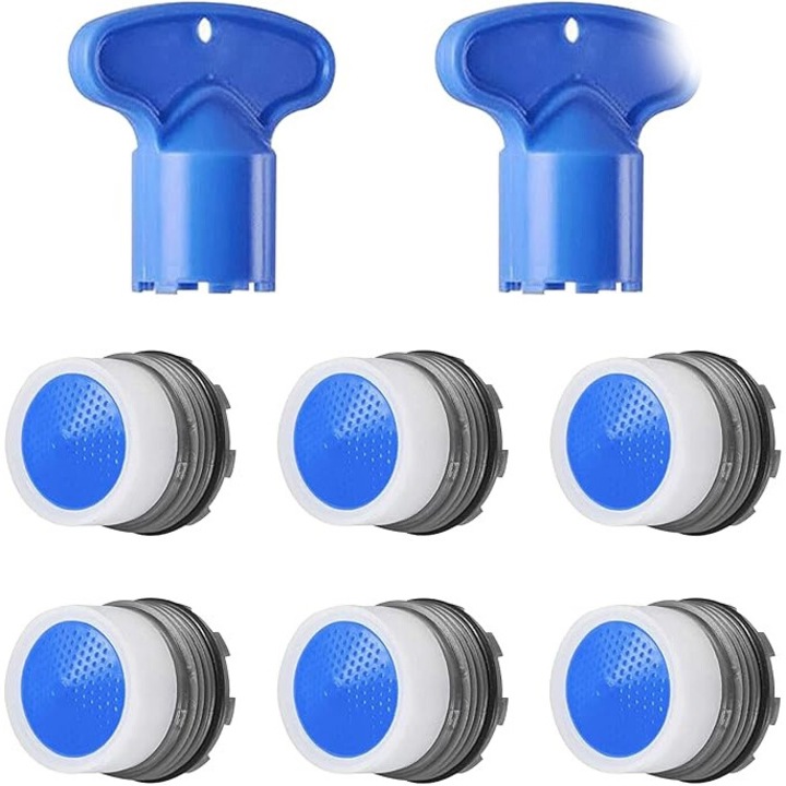 Aerator robinet M18.5, Hokretme, set 6 piese, pentru restrictionarea fluxului, cu unealta de demontare, plastic, albastru