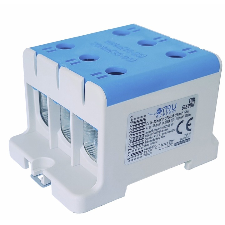 Clema terminala conexiune 1 pol albastra Cu-Al 6 gauri 16-95mm²​​​​​​​ montare pe sina DIN 35mm 290A (Al) 320A ( Cu) cu surub imbus