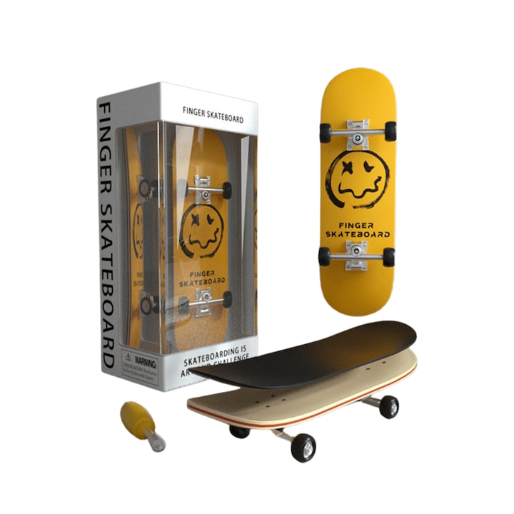 Innovium™ Premium Fingerboard gördeszka, mosolygós arcmintás, mini fa gördeszka, professzionális trükkök, 5,5 × 12 × 4,5 CM, trükkök és szórakozás, tökéletes ajándék, gyűjthető, hiteles dizájn, tartozékokkal, sárga