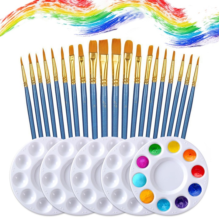 Set 20 de Pensule, perii din nailon rezistente la caldura si uzura, potrivite pentru acuarela acrilica, pictura in ulei, microdetalii si pictura piatra, diferite dimensiuni, albastru/auriu