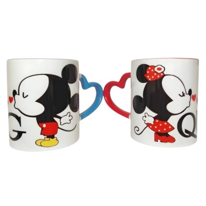 Set 2 cani personalizate, model King&Queen, Mickey&Minnie Mouse, ceramica, maner inima rosu/albastru, interior rosu/albastru, 330 ml