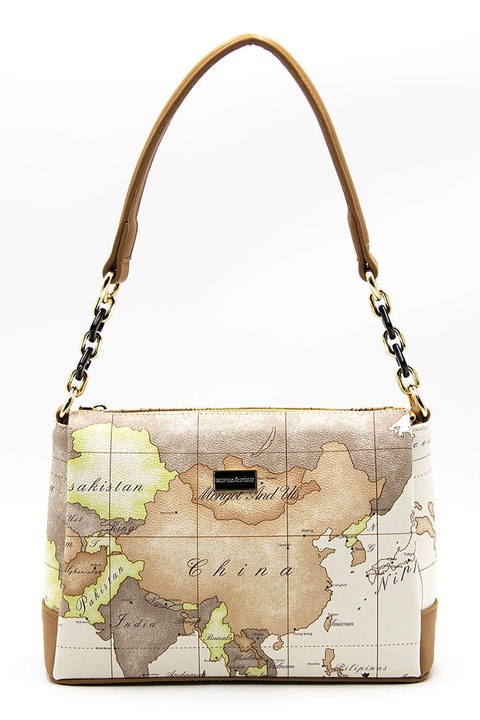 Silver&Polo, Geanta din piele ecologica cu bareta de umar, Maro scortisoara, Bej