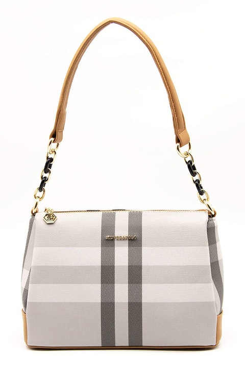 Silver&Polo, Geanta de piele ecologica cu bareta de umar si model, Gri deschis, Maro scortisoara