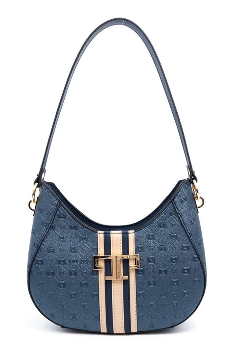 Silver&Polo, Geanta de piele ecologica cu bareta de umar si model, Crem, Bleumarin