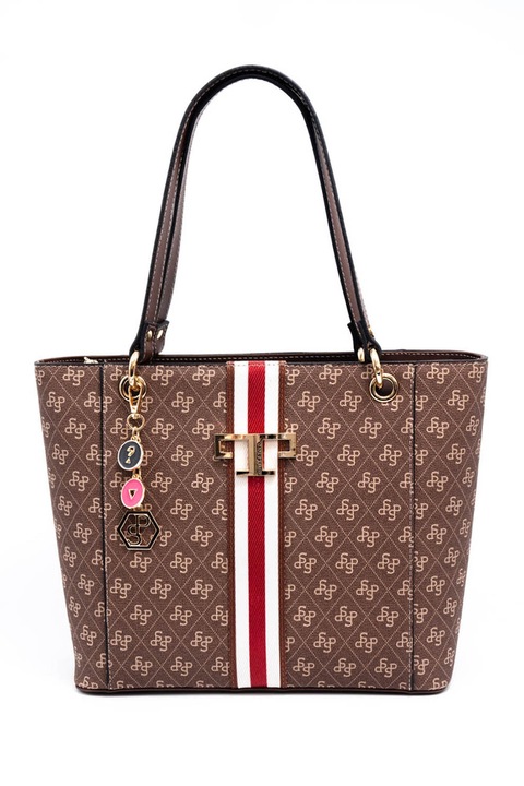 Silver&Polo, Geanta de piele ecologica cu model monograma, Rosu/Alb/Maro, 26x31x12