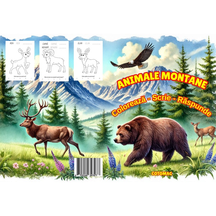 Carte de Colorat Animale Montane: Coloreaza-Scrie-Raspunde, Carte de Colorat cu Activitati Pentru Copii de 4-8 Ani, Carte Pentru Momente de Relaxare, Creativitate, Dezvoltare si Invatare