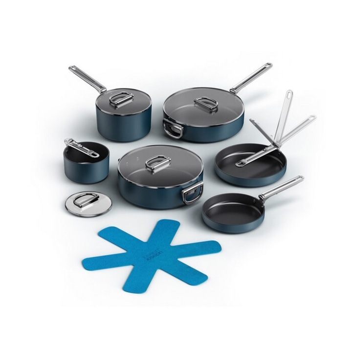 Set 13 vase cu manere pliabile, Joseph Joseph, aluminiu, ceramica, culoare gri, dimensiuni variate