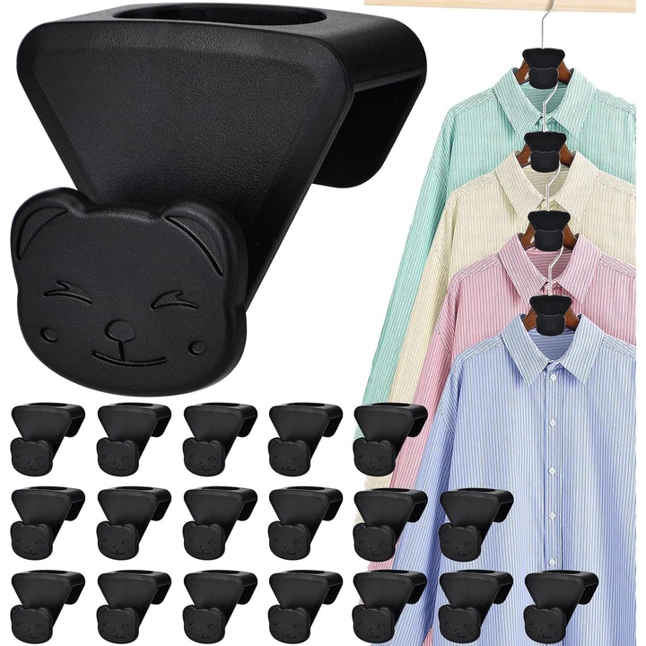 Set Conectori tip carlig pentru umerase, Ofera mai mult spatiu in dulap, Plastic, Negru, 18 buc