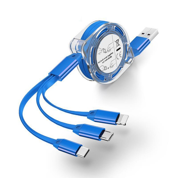 Cablu de incarcare extensibil 3 in 1, de la USB la Type C, Lightning sau Micro-USB (nu transfera date), 1m, albastru