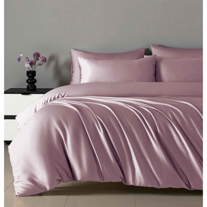 Set Lenjerie CHIRASO, din SATIN, pentru 2 persoane, 4 piese: Cearceaf de pat cu elastic 180 x 200 cm, Cearceaf pilota 200 x 230 cm, 2 fete de perna 55 x 80 cm, UNI, roz prafuit