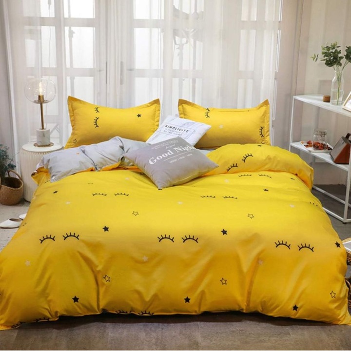 Sárga-szürke 4 részes, modern nyomtatású, superior pamut szatén kétszemélyes ágynemű teljes készlet 2 személyes