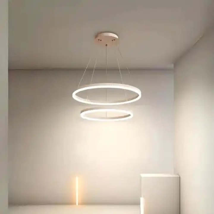 Lustra LED cu 3 tipuri de lumina si telecomanda, alba, rotunda, 120W, intensitate reglabila, lumina rece/neutra/calda, 60x60x120cm, IP21, suspendata, montaj tavan, LED CONCEPT