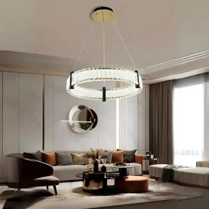 Lustra LED, telecomanda inclusa, aurie, rotunda, 128W, trei tipuri de lumina, calda, neutra si rece, intensitate reglabila, dimensiuni (L, l, h) 60x60x100cm, clasa protectie IP21, montaj tavan