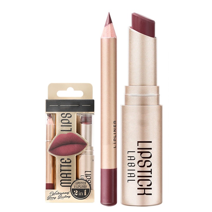 Комплект 2 в 1 червило и молив за устни, SINBINTA, S1, Металическо червило, Незалепваща чашка, Не избледнява, Водоустойчив, Много дълготраен, Натурална формула, Лесен за нанасяне и премахване, Многоцветен