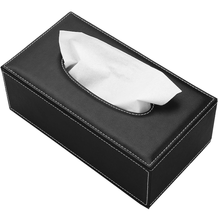 Suport pentru servetele, SINBINTA, Suport patrat pentru servetele, Cutie multifunctionala, Impermeabil, Usor de curatat, Potrivit pentru dulapul de baie, blat, comoda, noptiera, living si birou, Piele pu, 20 x 12 x 9.5cm, Negru