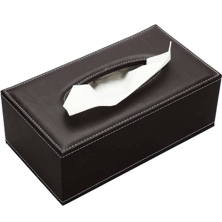 Suport pentru servetele, SINBINTA, Suport patrat pentru servetele, Cutie multifunctionala, Impermeabil, Usor de curatat, Potrivit pentru dulapul de baie, blat, comoda, noptiera, living si birou, Piele pu, 24 x 12 x 9.5cm, Maro