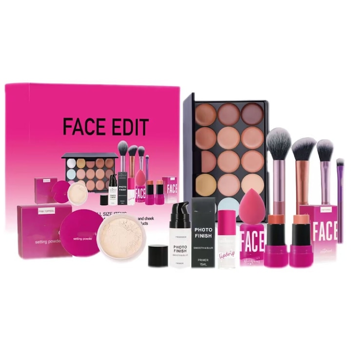 Kit de machiaj tot intr-un singur, SINBINTA, Include paleta de corector, lotiune de premachiaj, fard de obraz, pudra libera, pensule de machiaj, glazura pentru buze, Pentru femei, fete adolescente, 11 piese, 16*13.5*4.5cm, Multicolor