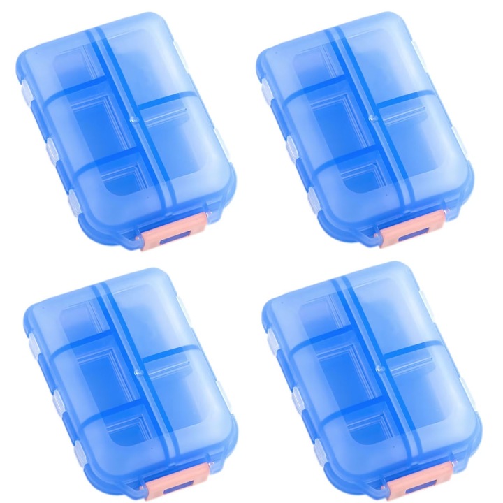 Organizator de pastile de calatorie, SINBINTA, Dozator mic cu 10 compartimente pentru medicamente, Cutie portabila pentru pastile, Usor de transportat, Durabil, Pentru munca si alte activitati in aer liber, Plastic, 9.5*6.5*3cm, Albastru