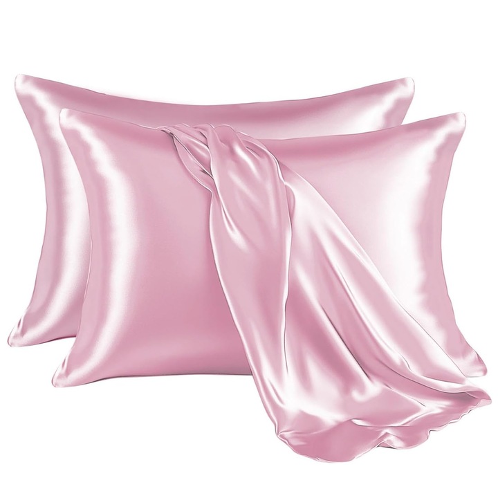 Комплект от 2 сатенени калъфки за възглавници, SINBINTA, Протектори за възглавници, които могат да се перат в пералня, Не се намачкват, Устойчиви на избледняване, Полиестер, 51 x 75 см, Розов
