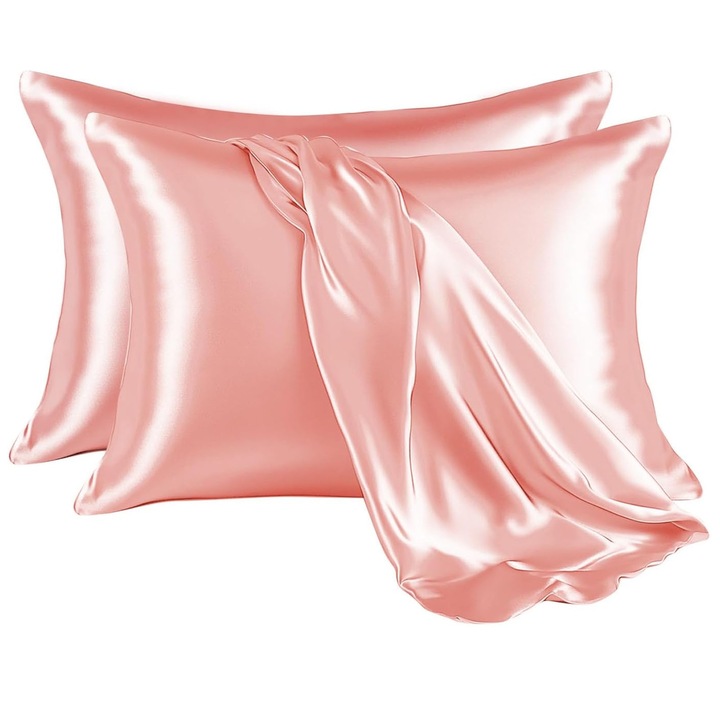 Комплект от 2 сатенени калъфки за възглавници, SINBINTA, Калъфки за възглавници, които могат да се перат в пералня, Не се намачкват, Устойчиви на избледняване, Устойчиви на петна, За жени, мъже, деца и тийнейджъри, Полиестер, 51 x 75 см, Светло розово