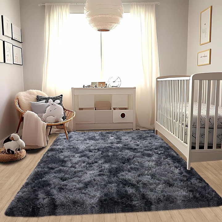 Covor moale, SINBINTA, Covoare vopsite in tie, Gros, Confortabil, luxos si prietenos cu pielea, Anti-alunecare, Usor de curatat, Compatibil multiple spatii si stiluri, Pentru dormitor Fete copii pepiniera decor acasa, 140*200cm, Gri deschis