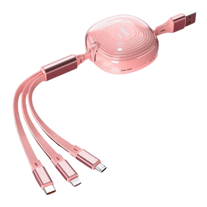 Cablu de date, 3in1, 100W, Retractabil, Universal, 1.2m, Roz