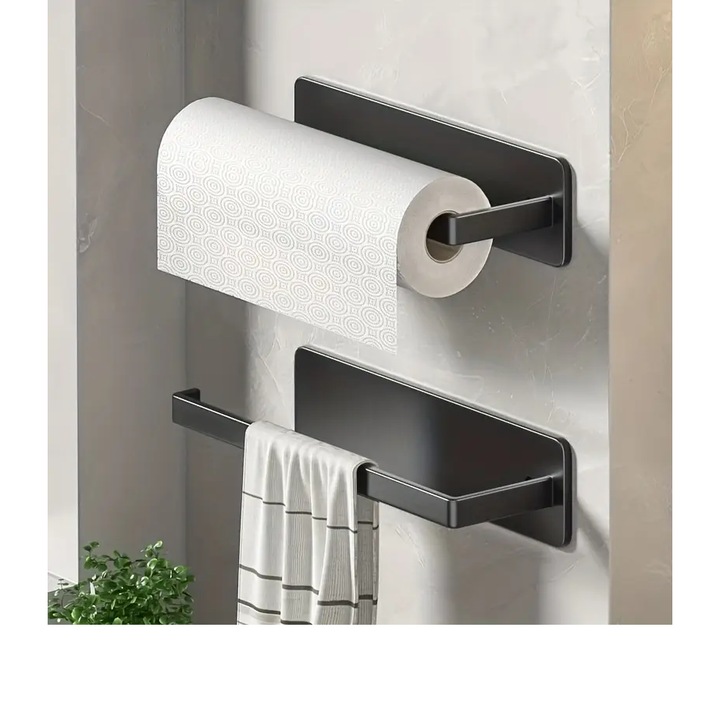 Suport Prosop Hartie Bucatarie 3 in 1 – Folie, Prosoape, Otel Inoxidabil Rezistent, Negru 26 cm, Montaj Pe Perete, Durabil si Eficient, Beatus®