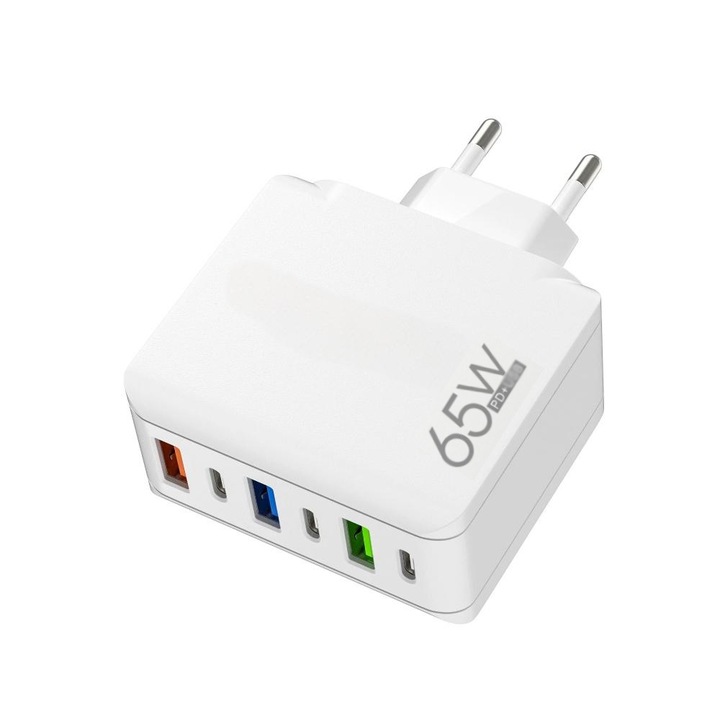 Incarcator pentru tableta telefon mobil Incarcator Retea, OEM, incarcator rapid 65W 3USB+3PD, 5V3A，6 Porturi, adaptor mobil pentru cariera, acasa, calatorii, tur, Alb