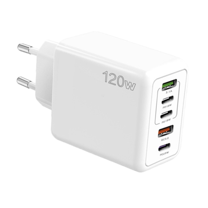 Mobiltelefon táblagép töltő, 120 W-os gyorstöltő 2 x USB, 3 x Type-C, mobiladapter a karrierhez, otthon, utazás, turné, fehér