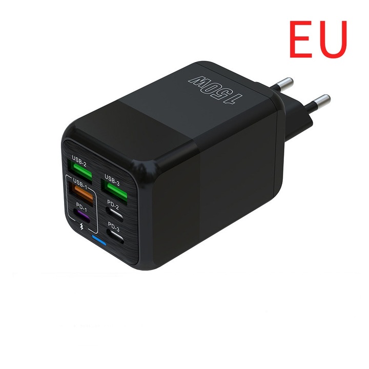 Incarcator pentru tableta pentru telefon mobil, OEM, incarcator rapid 150W 3USB+3PD, 6 Porturi, adaptor mobil pentru cariera, acasa, calatorii, tur, Negru