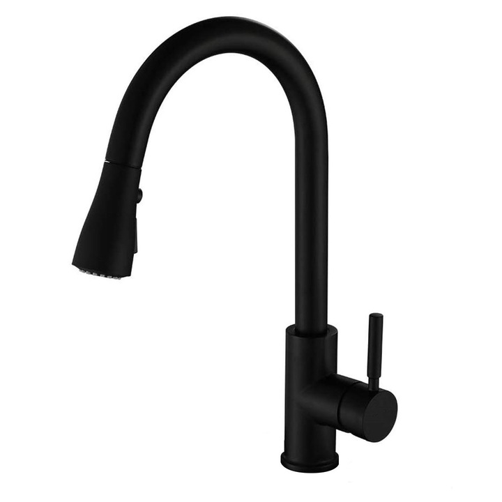 MOKRMA Baterie de bucatarie cu pulverizator retractabil de 60 cm, 3 moduri, robinet cu arc inalt rotativ pentru chiuveta, placa de montaj pentru 1 gaura, alama solida, finisaj negru mat